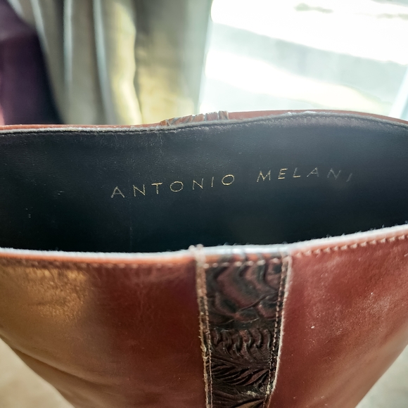 ANTONIO MELANI Brown Leather Embossed Knee-High Heeled Boots - Picture 4 of 8